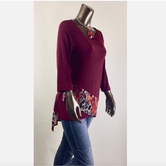 CHICO'S $80 NWT BURGUNDY MESH TRIM 3/4-SLV TUNIC SIZE 0 (S) - Picture 3 of 4